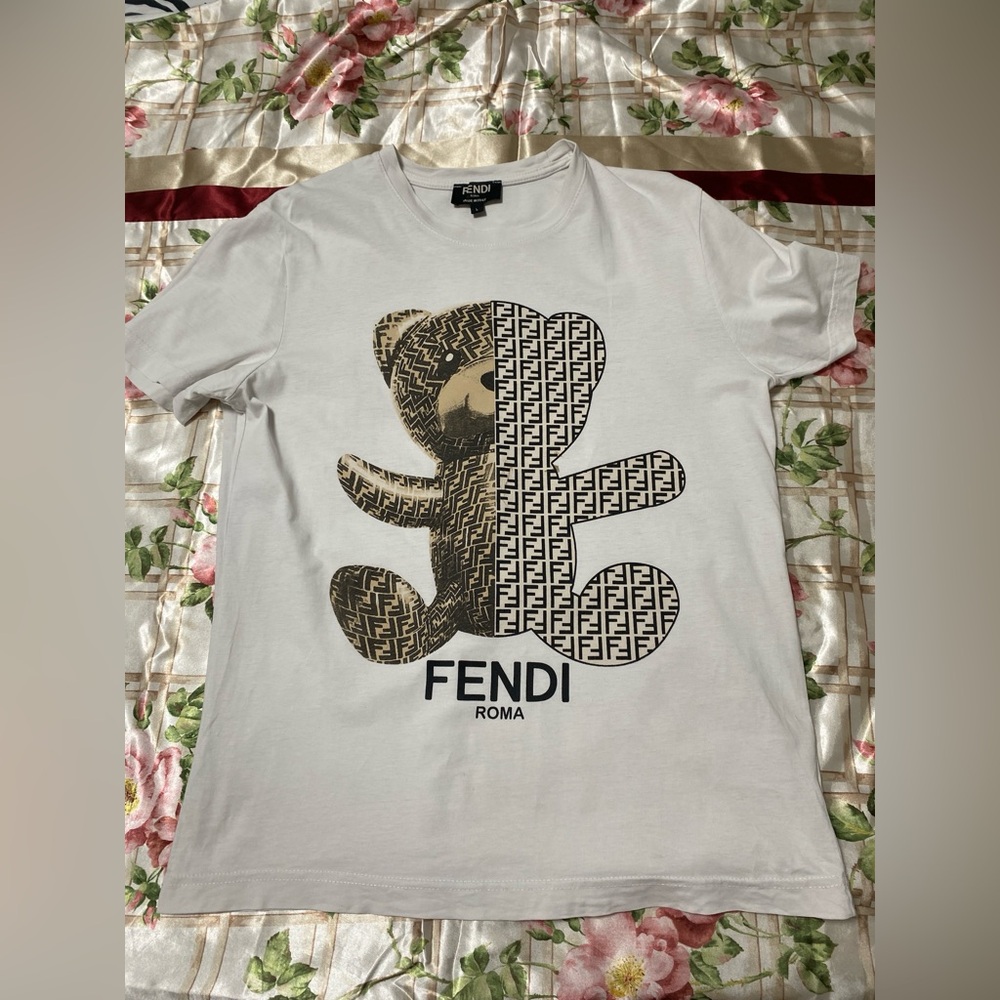 Fendi White Tee with Bear and Logo Design